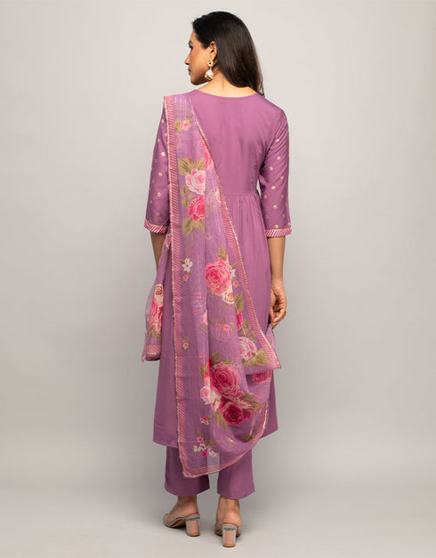 Trendy Designer Party Wear Readymade Salwar Suit Purple Crepe Pant Straight Close-up View
